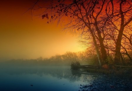 SUNSET MIST - reflections, trees, horizons, yellow, waterscapes, fog, sunsets, silouettes, red, mist, lakes, sun, sky