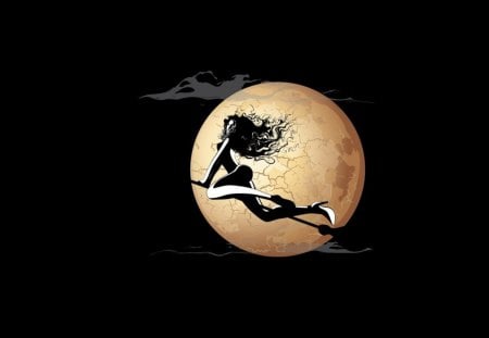 Witch in the Moonlight - witch, clouds, moon, broom, night, sihlouette