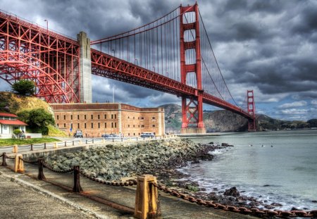 golden gate bridge hdr - clouds, hdr, bridge, bay, fort