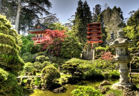 japanese garden - garden, pond, trees, pagoda