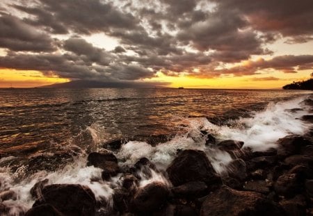 sunset over a rocky shore - rocks, clouds, sunset, sea, waves, shore