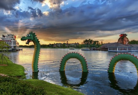 lego sea dragon - dragon, boats, clouds, river