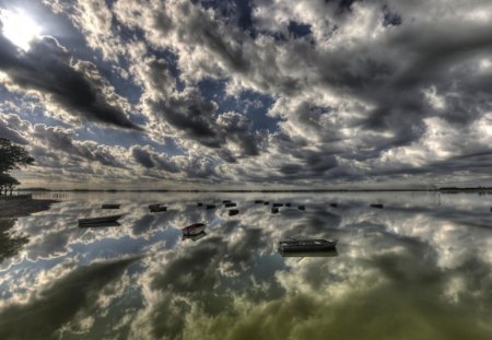 amazing sea and sky - sky, reflection, clouds, sea, boats