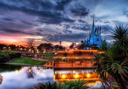 the sunset of your childhood - amusement park, clouds, sunset, castle