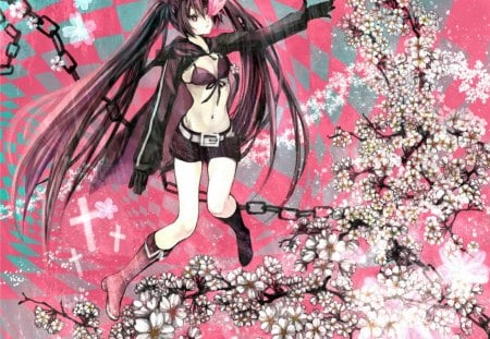 BRS - female, brs, anime girl, original, black hairchains, fantasy, cute girl, cherry blossom, sakura, tagme, vocaloid, anime, pink eyes, black rock shooter