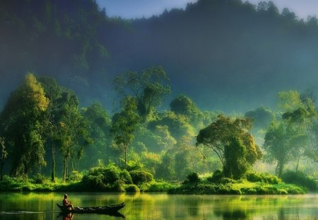 Beautiful landscape - amazing, beautiful, boat, landscape, colors, magical, colorful, nature, green, jungle, asia, peaceful