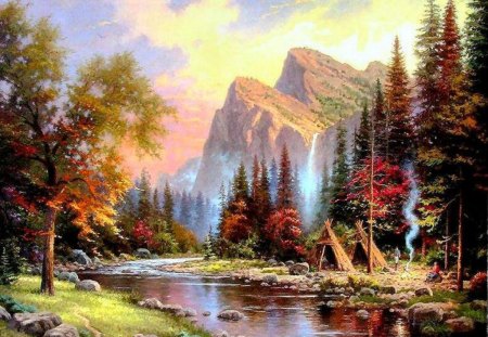 Mountain - nature, painting, lake, forest, mountain