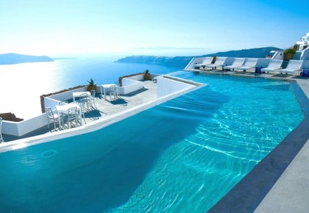 Santorini, Greece - swimming pool, summer, blue, splendor, chairs, island, reflac, swimming, holiday, view, greece, paradise, hotel, sky, clouds, water, beautiful, sea, summer time, beauty, lovely, chair, santorini, nature, pool, seascape, peaceful