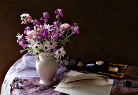 Still Life - pretty, vase, purple flowers, romantic, beautiful, daisy, feather, beauty, romance, lovely, still life, flowers, daisies, nature, purple