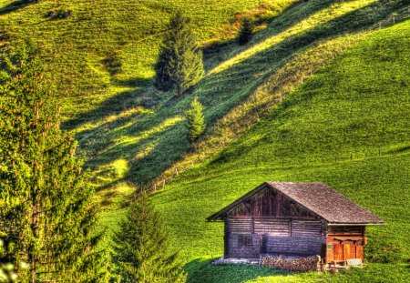 Magic green - landscape, alps, beautiful, peaceful, house, trees, nature, colors, green