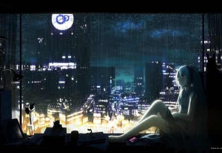 Anime - flowers, vase, lights, window, rain, girl, city, glass