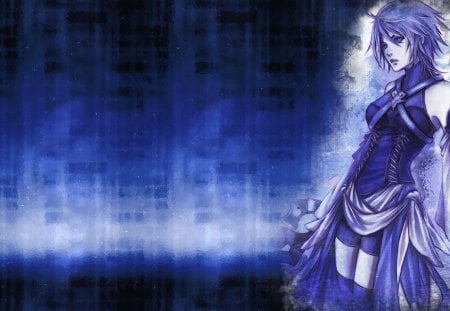 Aqua - female, blue background, aqua, kingdom hearts, shorts, thigh highs, games, video games, lone, purple hair, blue eyes