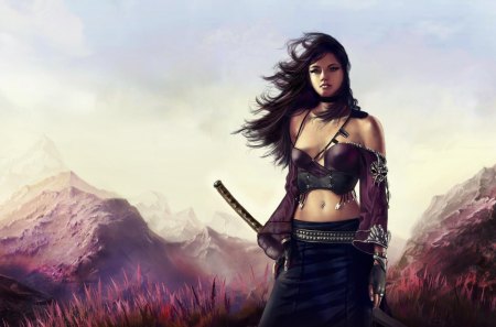 Femme Fatale - dark hair, female, warrior, skirt, girl, sword, long hair, samurai, woman, katana, weapon, mountains, lone, sky, gloves