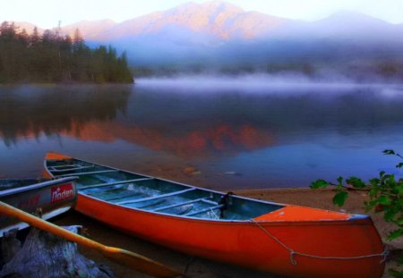 Boat on the shore of misty lake - nice, lakeshore, lake, mountain, water, summer, shore, lovely, nature, reflection, red, beautiful, river, misty