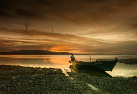 Lonely Boat - sea, motorboat, beach, sky