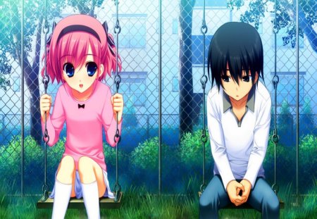 Childhood friends - anime, riends, kids, childhood, grisaia no kajitsu, komine sachi, girl, kazami yuuji, sweet, rocking-chair, boy, black hair, cute, visual novel, pink hair, park