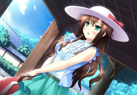 Kouzuka Sana - anime, anime girl, summer, beach, kamigakari cross heart, green, vacantion, kouzuka sana, sky