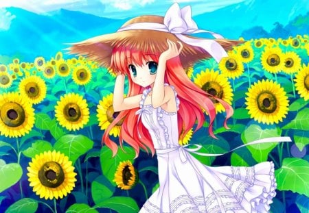 Honoka Takasaki - sunflower, white, yuyukana, sky, anime, honoka takasaki, summer, anime girl