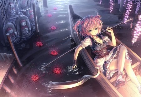 Onozuka Komachi - scythe, twin tails, anime girl, female, water, boat, lying, night, flower, petals, short hair, red hair, river, touhou, onozuka komachi, sitting