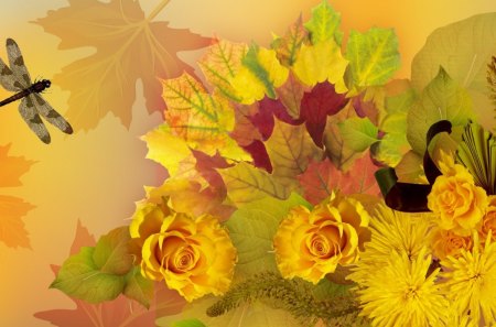 Maple Leaves and Flowers - autumn, roses, chrysanthemums, mums, gold, abstract, fall, maple, dragonfly, yellow, insect, leaves, flowers, amber