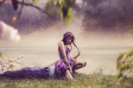 Girl in Purple - purple, long hair, brunette, long dress, model