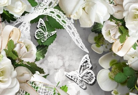 Purity of White - scatter, wedding, roses, collage, pure, butterfly, fleurs, lace, flowers, ribbon, papillon