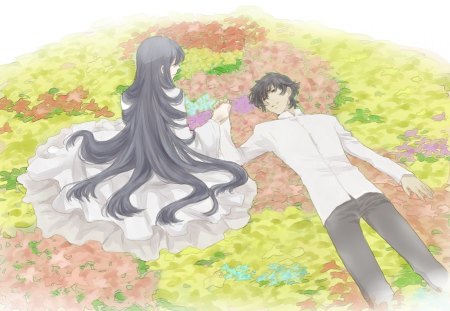 Setsuna x Marina - anime couple, girl, long hair, original, gundam 00, mobile suit, anime, flowers, cute couple, setsuna x marina