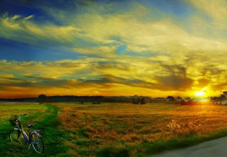 SUNRISE - clouds, nature, sunrise, field, bicycle