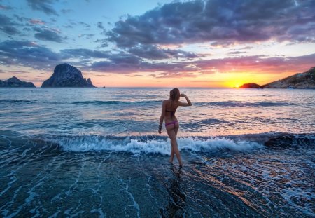 Lonesome Beach - sky, riffs, clouds, sunset, sea, girl, sun, waves