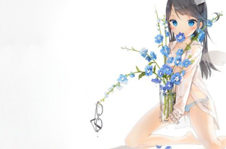 Anime Girl - anime, flowers, girl, blue