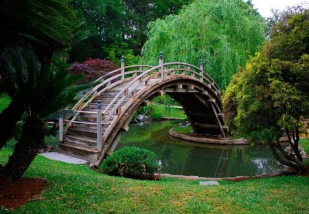 Japanese Bridge - bridges, trees, beautiful, grass, architecture, japan, nature, green, lakes