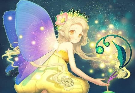 Golden Fairy - magic, orginal, girl, blonde, flower, fantasy, wings, fairy, cute