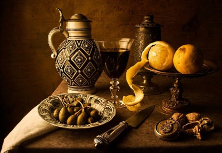 *** It looks like an old picture ...*** - pitcher, plate, copper, oranges