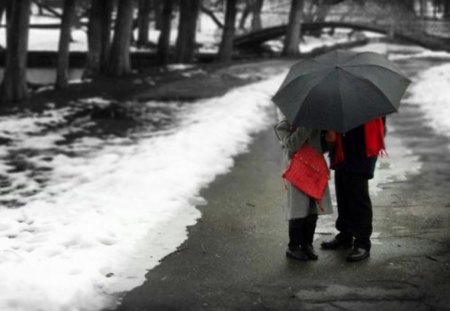 kiss in the snow - red, love, couple, umbrella