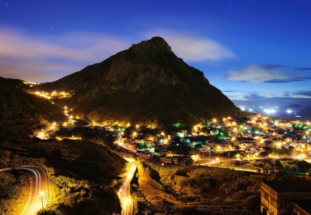 City Lights - beauty, sky, peaceful, mountains, road, amazing, view, city lights, clouds, architecture, house, houses, china, stars, building, landscape, night, lovely, buildings, nature, town, beautiful, splendor, city, lights