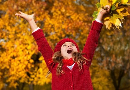 Happy Little Lady - pretty, autumn colors, eyes, forest, leaves, happy, autumn splendor, face, woods, little lady, lady in red, trees, beautiful, girl, beauty, lovely, sweet, tree, hands, nature, hand, lady, autumn, cute, autumn leaves, adorable