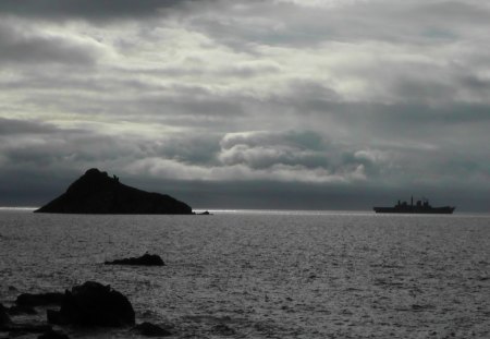 H.M.S. Bulwark at Meadfoot - ship, boat, navy, sea, ocean, rocks