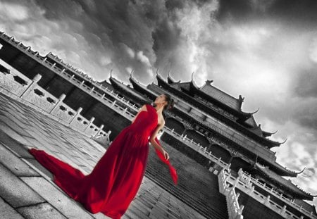 Lady in red - beauty, sexy, female, girl, fashion, lovely, model, chinese castle, red dress, babe