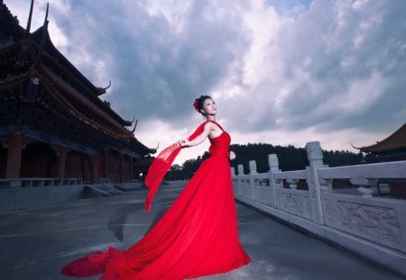 Lady in red - beauty, lady, sexy, female, girl, fashion, lovely, model, chinese castle, red dress, babe