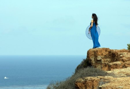 Girl at the cliff - cliff, beauty, model, brunette, girl, umbrella, babe, lovely, sexy, female