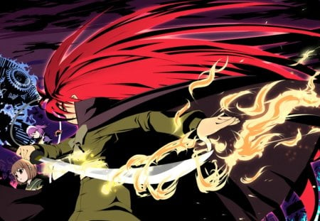 Shana blade - love, sky, mists, long hair, fire, attack, spirit, yuji, war, souls, shakugen no shana, anime, torch