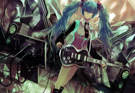 Guitar Play - music, play, vocaloid, anime, miku, girl, long hair, song