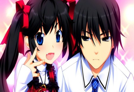 Best Friends!!! :) - anime, red ribbon, grisaia no kajitsu, red dress, girl, kazami yuuji, sweet, short hair, boy, matsushima michiru, black eyes, black hair, cute, friends, blue eyes