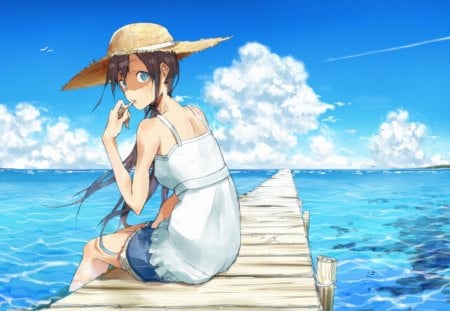 Wait at The beach - love, beach, hat, girl, water, dream, fantasy, worry, fairy tale, anime, sea, cute, dress, wait