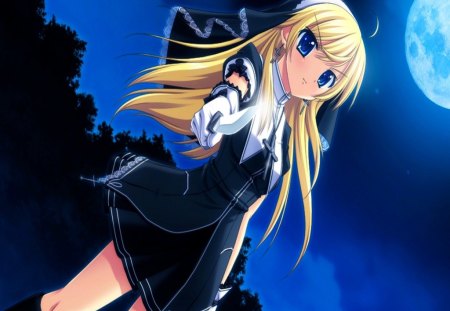 Sophia - pretty, anime, wood, blonde, night, dark, big breasts, sophia, blue eyes, nun, shion no ketsuzoku, girl, sweet, moonlight, knife, full mon, cute