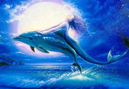 Mermaid Fun - tails, moon, woman, ocean, ride, night, water, fantasy, art, artwork, mermaid, sea, dolphin, fly