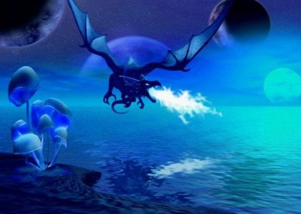 Blue Dragon - moon, ocean, water, wings, scales, fantasy, blue, dragon, sea, fly