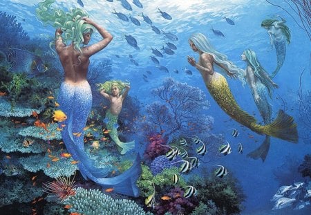 Mermaids at Play - wallpaper, digital, beautiful, mermaids, coral, ocean, girl, fantasy, mermaid, woman, swim, water, art, merboy, salt water, lovely, fish, sea