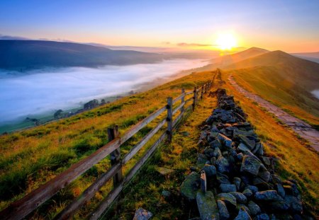 RISING SUN - sky, fence, landscape, clouds, mountains