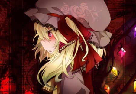 Red Face Flandre - beauty, touhou, girl, wall, classic, anime, new